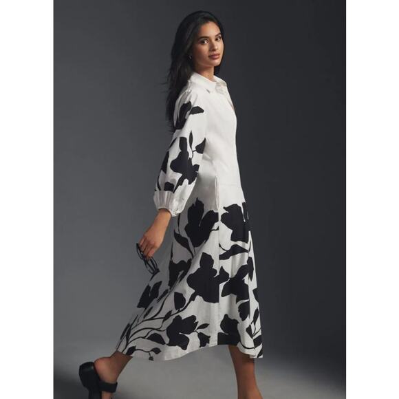 Anthropologie X Jo Faulkner Button-Front Black White Floral Asymmetrical Dress S - Picture 2 of 12